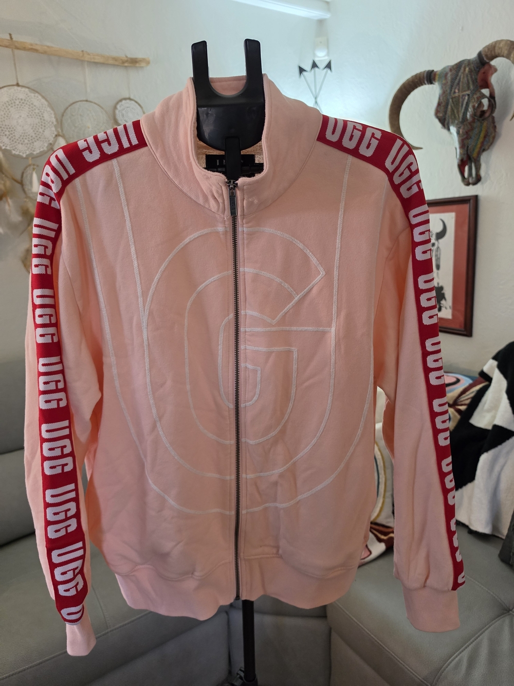 💗 UGG Pink Track Jacket Full Zip Logo Tape Women’s Large ✨